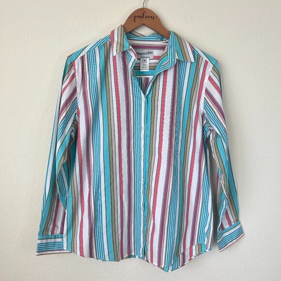 Pendleton Top Womens Medium Blue Pink Striped Cotton Career Western Blouse M - Picture 1 of 7